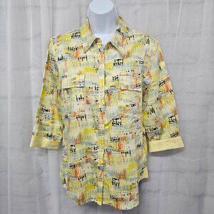 Sunset Rd. Yellow Blue Aztec Button Down Blouse Boho 10